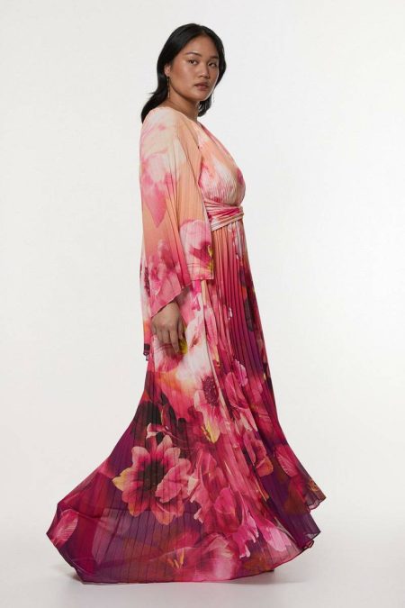 Women Karen Millen Maxi Dresses Purple Plus Size Ombre Floral Soft Pleated Woven Maxi With Cape Detail