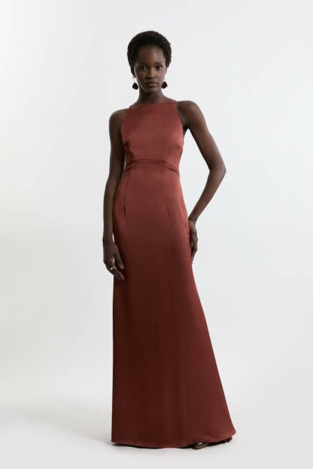 Women Karen Millen Maxi Dresses Tall Satin Back Crepe Long Sleeved Column Woven Maxi Dress Chocolate