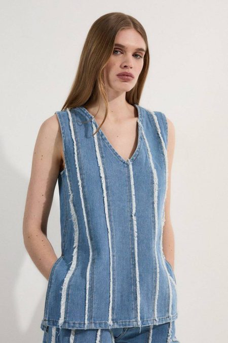 Women Karen Millen Mid Blue Denim Tassel Detail Longline Top Tops