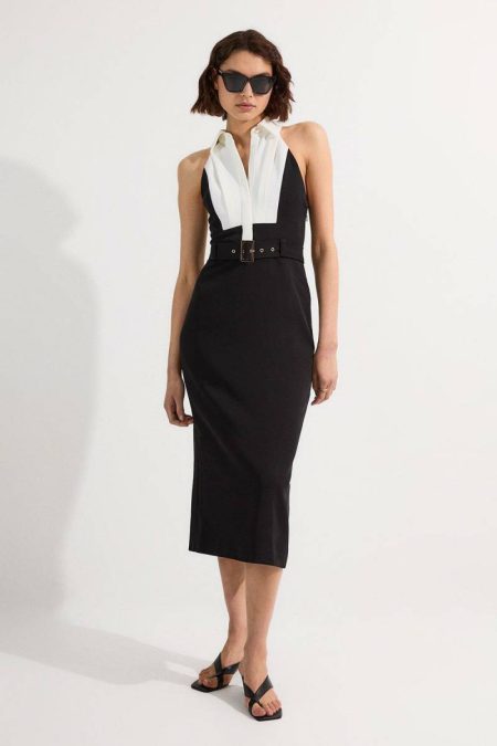 Women Karen Millen Midi Dresses Twill Contrast Collar Woven Halter Neck Midi Dress Mono