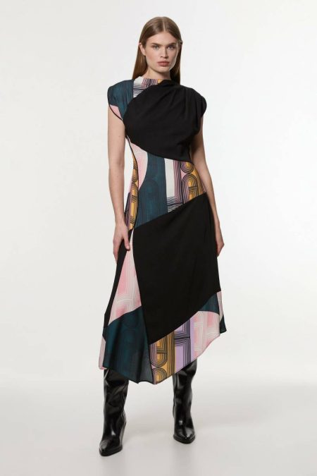 Women Karen Millen Multi Midi Dresses Amelia Graham Petite Soft Tailored Color Block Printed Midi Dress