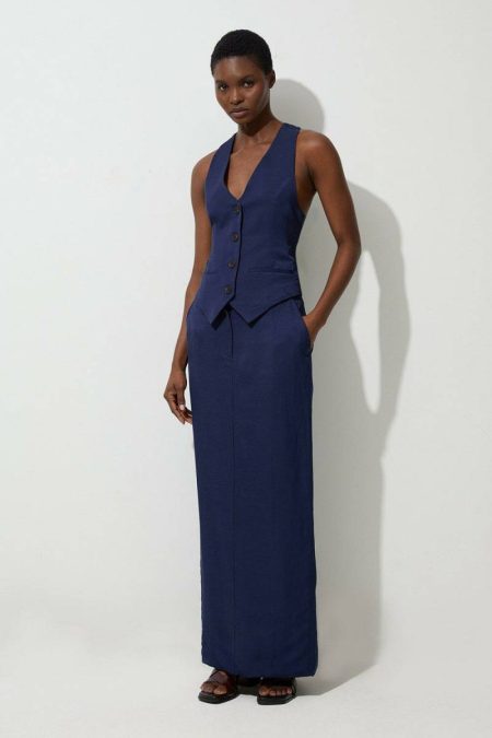 Women Karen Millen Navy Petite Tailored Viscose Linen Pencil Maxi Skirt Skirts