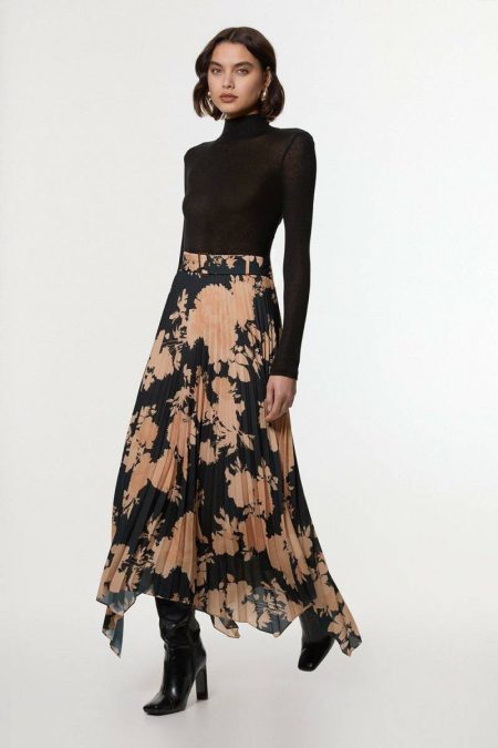 Women Karen Millen Ochre Petite Georgette Belted Pleat Woven Maxi Skirt Skirts