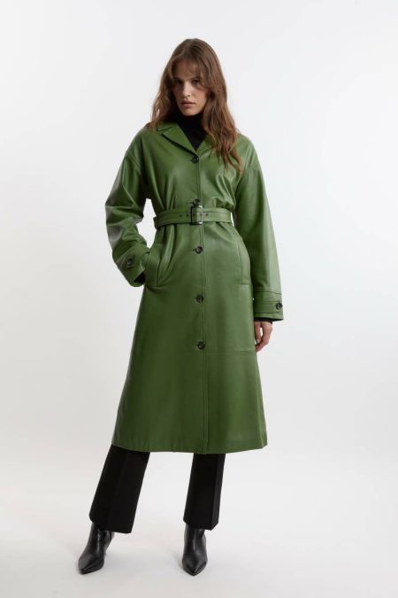 Women Karen Millen Olive Leather Belted Clean Trench Coat Tailoring