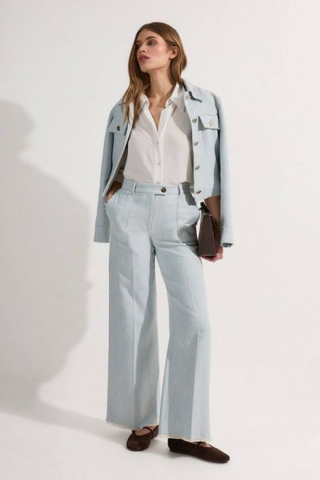Women Karen Millen Pale Blue Tailoring Petite Spring Tweed Tailored Straight Leg Pants
