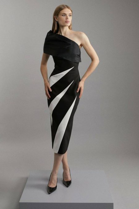 Women Karen Millen Petite Clean Tailored Taffeta One Shoulder Panel Midi Dress Mono Midi Dresses