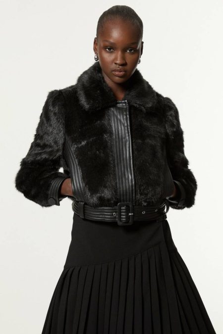 Women Karen Millen Petite Faux Fur Pu Panelled Belted Cropped Jacket Faux Fur Coats & Jackets Ivory