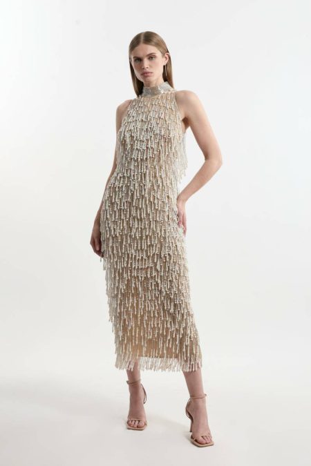 Women Karen Millen Petite Pearl Tassel Embellished Halter Neck Woven Midi Dress Midi Dresses Pearl