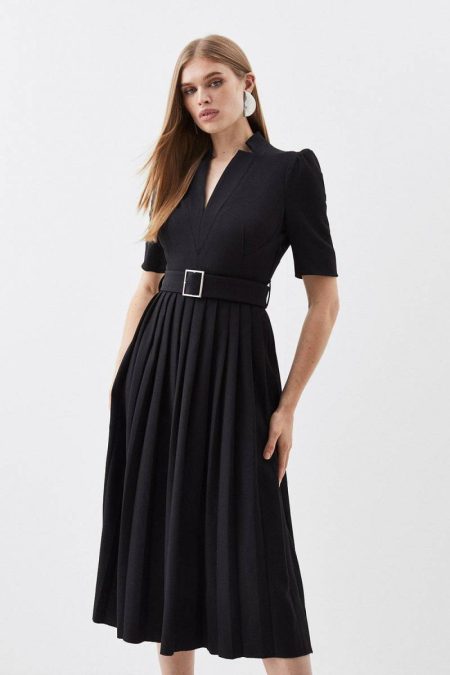 Women Karen Millen Petite Tailored Structured Crepe Forever Pleat Midi Dress Green Forever Dresses