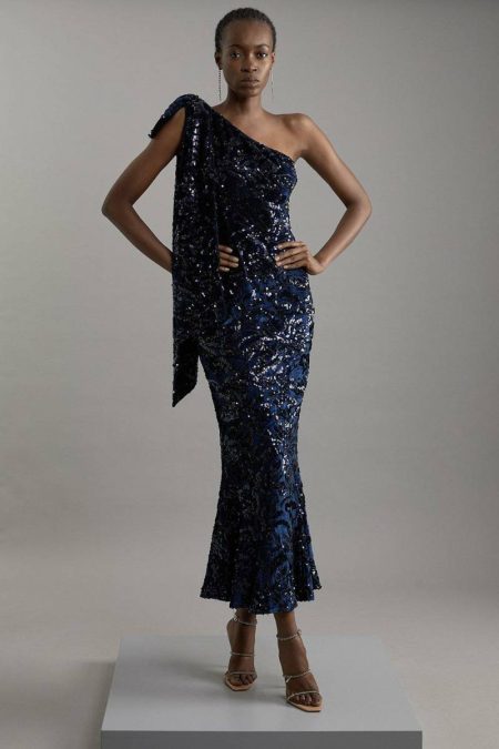 Women Karen Millen Petite Velvet Sequin One Shoulder Woven Maxi Dress Navy Maxi Dresses