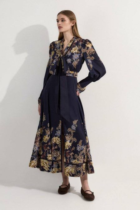 Women Karen Millen Petite Voile Floral Border Print Woven Maxi Dress With Ladder Lace Trim Maxi Dresses Navy