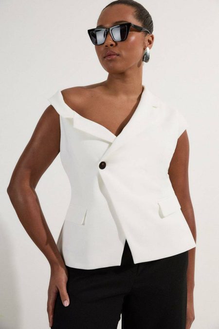 Women Karen Millen Plus Size Clean Tailored Asymmetric Collar Belted Tailored Top Ivory Tailoring