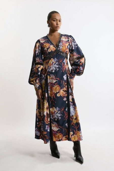 Women Karen Millen Plus Size Floral Studded Lace Woven Maxi Dress Floral Tailoring