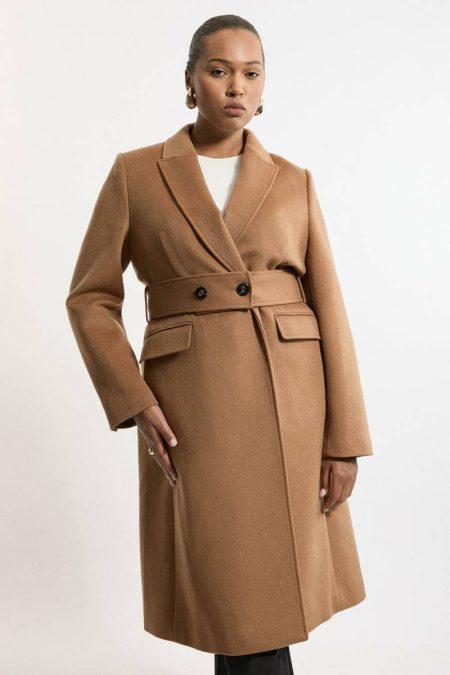 Women Karen Millen Plus Size Tailored Wool Blend Belted Midi Coat Tailoring Camel