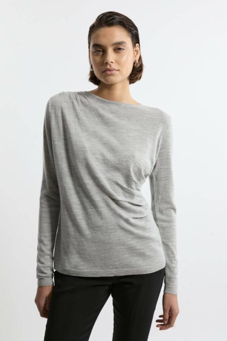 Women Karen Millen Premium Yarn Collection Extra Fine Merino Wool Draped Sweater Grey Marl Tailoring