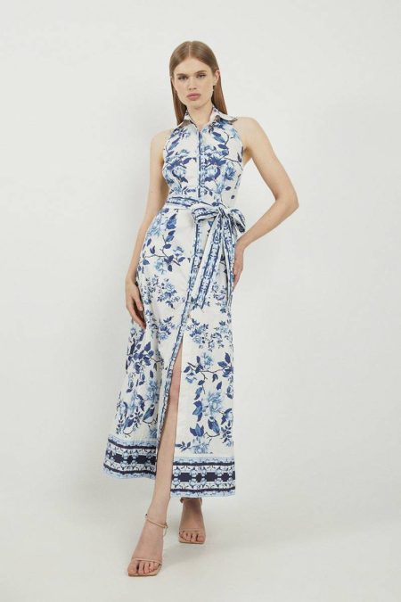 Women Karen Millen Print Dresses Lydia Millen Petite Cotton Sateen Woven Halter Shirt Dress