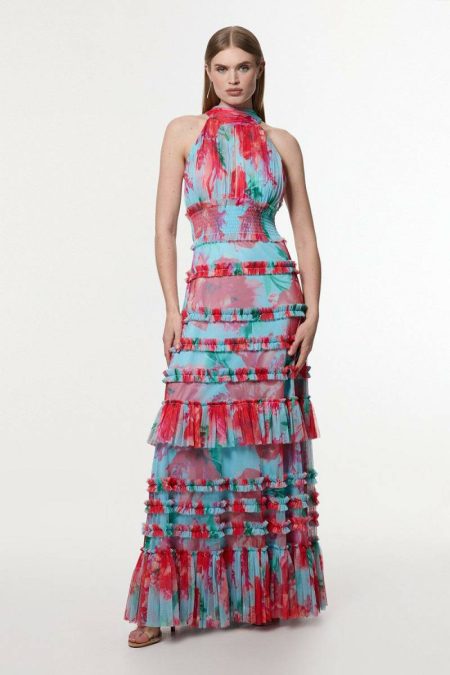 Women Karen Millen Red Floral Dresses Floral Tulle Halter Neck Woven Maxi Dress