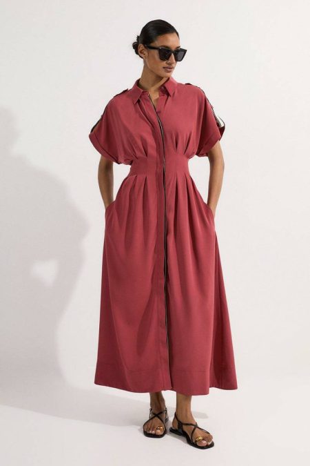 Women Karen Millen Rose Tall Crepe Woven Shirt Dress With Contrast Stripe Trim Maxi Dresses