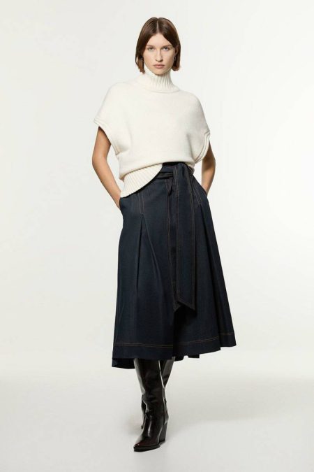 Women Karen Millen Skirts Indigo Petite Tailored Full Skirted Belted Midi Skirt