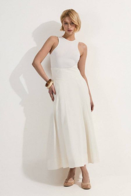 Women Karen Millen Skirts Ivory Viscose Linen Tailored Full Skirted Midaxi Skirt