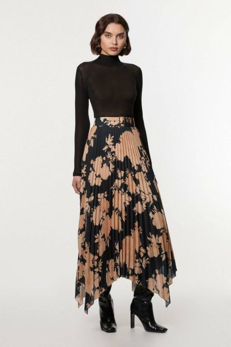 Women Karen Millen Skirts Tall Georgette Belted Pleat Woven Midi Skirt Ochre