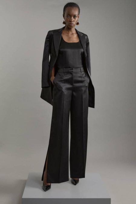 Women Karen Millen Structured Viscose Satin Tailored Wide Leg Pants Black Tailoring