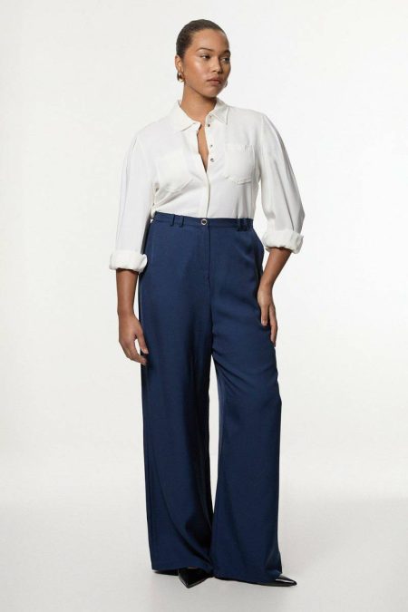 Women Karen Millen Suits Plus Size Premium Viscose Linen Woven Straight Leg Pants Navy