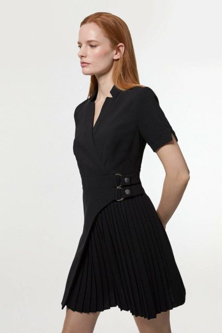 Women Karen Millen Tailored Military Pleat Notch Neck Wrap Mini Dress Forever Dresses Mono