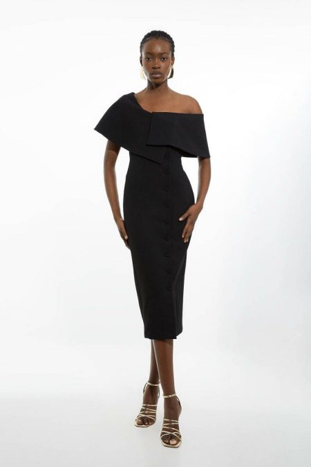 Women Karen Millen Tailoring Black Petite Compact Stretch Off Shoulder Button Through Tailored Midi Pencil Dress
