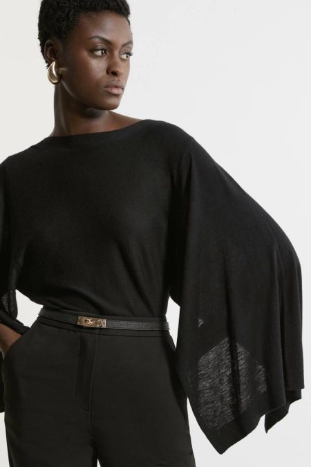 Women Karen Millen Tailoring Camel Cashmere Blend Drama Sleeve Slash Neck Knit Top