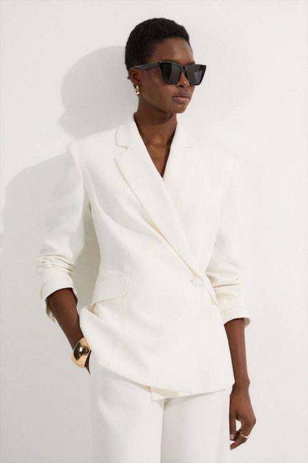 Women Karen Millen Tailoring Compact Stretch Stab Stitch Asymmetric Wrap Tailored Blazer Ivory