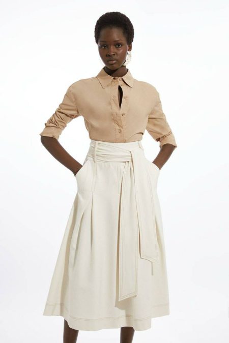 Women Karen Millen Tailoring Ivory Tailored Full Skirted Belted Maxi Skirt