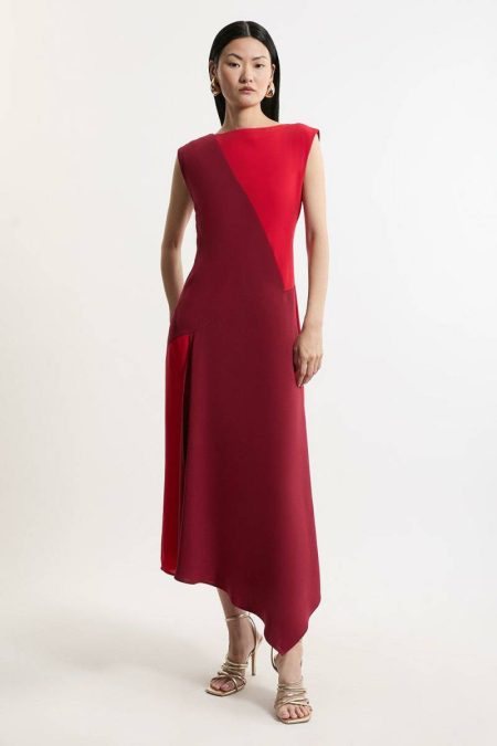 Women Karen Millen Tailoring Petite Soft Tailored Bandeau Color Block Midi Dress Red