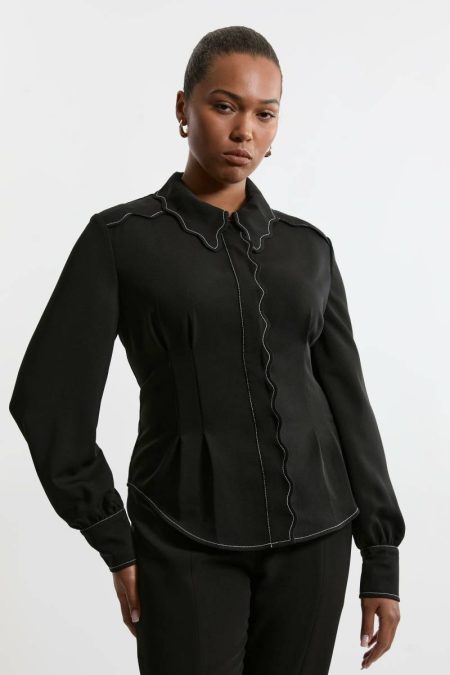 Women Karen Millen Tailoring Plus Size Scallop Trim Woven Crepe Blouse Black