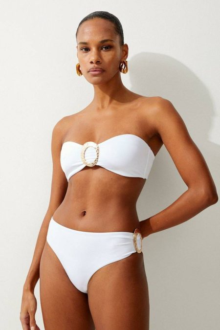 Women Karen Millen Tailoring Slinky Trim Detail Bikini Bottoms Cream