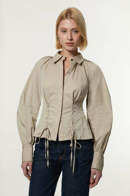 Women Karen Millen Tailoring Stone Lace Up Detail Balloon Sleeve Shirt