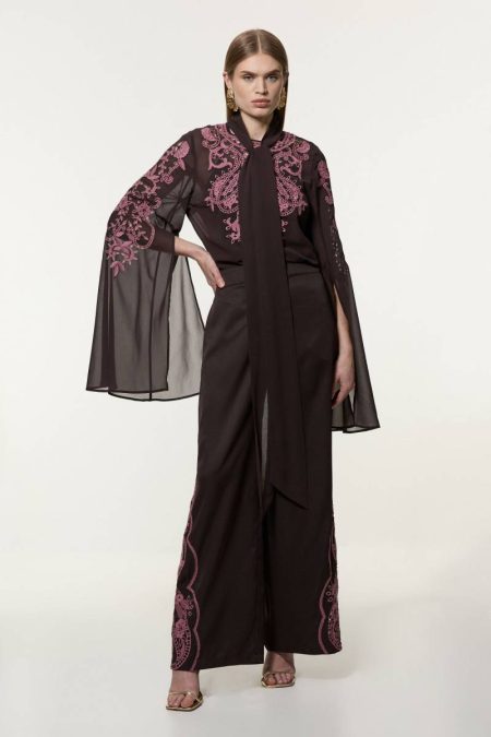 Women Karen Millen Tailoring Tall Cutwork Beaded Georgette Tie Neck Woven Blouse With Drama Sleeve Chocolate