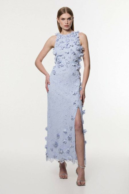 Women Karen Millen Tall Floral Applique Lace Woven Midi Dress Blue Maxi Dresses