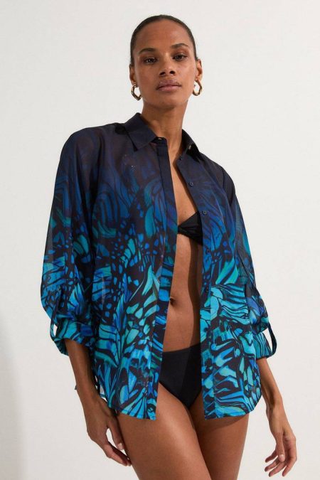 Women Karen Millen Tall Ombre Butterfly Viscose Georgette Beach Shirt Turquoise Tops