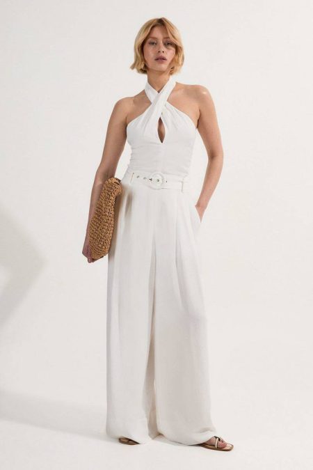 Women Karen Millen Tall Premium Viscose Linen Cross Front Halter Belted Woven Wide Leg Jumpsuit White Jumpsuits