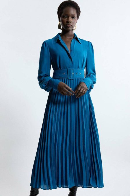 Women Karen Millen Teal Tall Pleated Woven Maxi Shirt Dress With Belt Maxi Dresses