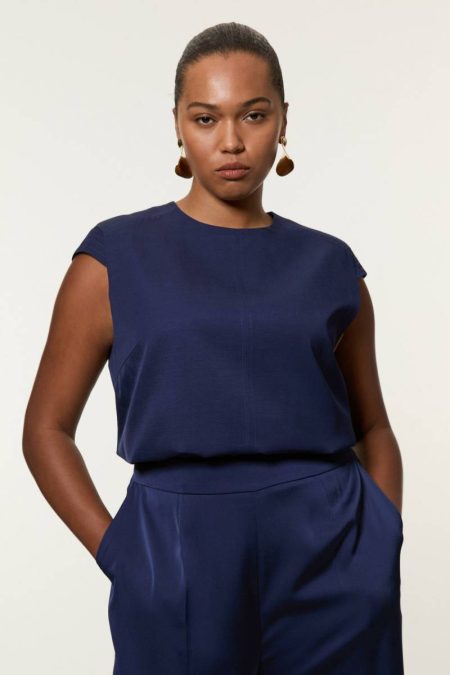 Women Karen Millen Tops Plus Size Tailored Viscose Linen Topstitch Detail Top Navy