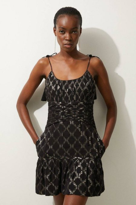Women Karen Millen Viscose Metallic Thread Beaded Strappy Woven Mini Dress Black Mini Dresses