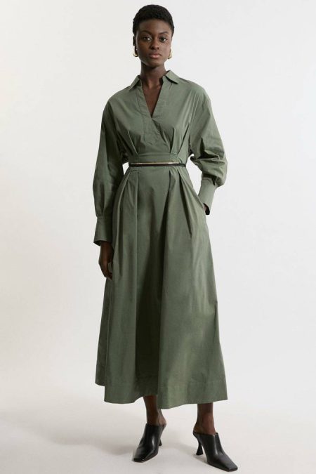 Women Khaki Karen Millen Poplin Balloon Sleeve Woven Shirt Dress Maxi Dresses