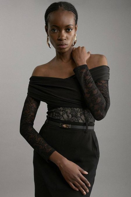 Women Lace And Jersey Crepe Off The Shoulder Bodysuit Black Tailoring Karen Millen