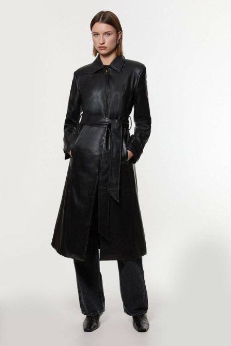 Women Leather Camel Karen Millen Faux Leather Clasp Detail Clean Tailored Trench Coat