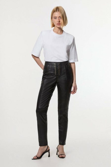 Women Leather Leather Lace Up Slim Leg Pants Karen Millen Black