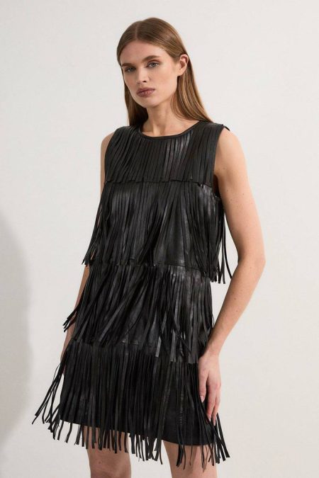 Women Leather Tassel Mini Dress Karen Millen Black Mini Dresses