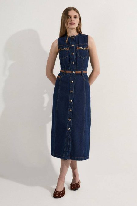 Women Light Blue Denim & Faux Leather Tipping Sleeveless Midi Dress Karen Millen Midi Dresses