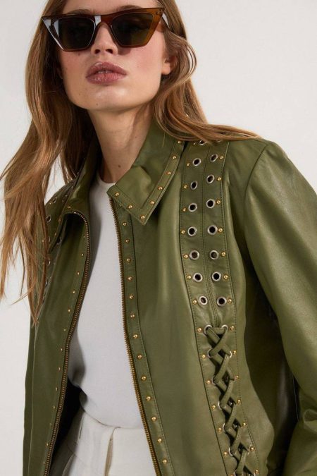 Women Light Green Karen Millen Leather Leather Eyelet And Lace Trim Collared Jacket